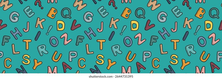 Padrão contínuo alfabético com diferentes letras latinas no estilo doodle. Letras coloridas sobre um fundo azul. Papel de parede vetor para voltar ao tema da escola, papel de embrulho, papel de parede, banners.