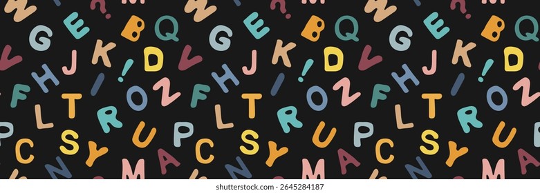 Padrão contínuo alfabético com diferentes letras latinas no estilo doodle. Cartas coloridas em um plano de fundo preto. Papel de parede vetor para voltar ao tema da escola, papel de embrulho, papel de parede, banners.