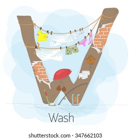 Alphabetical stylized letter W with clotheslines. The figure shows how to dry clothes in the backyard. There is also a bowl, sled, boxing gloves, stick, birdhouse. Hand drawn vector illustration.