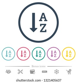 Alphabetically ascending ordered list flat color icons in round outlines. 6 bonus icons included.