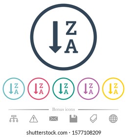 Alphabetically descending ordered list flat color icons in round outlines. 6 bonus icons included.