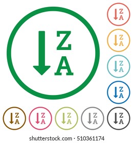 Alphabetically descending ordered list flat color icons in round outlines
