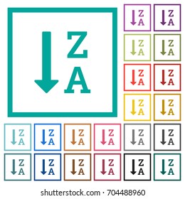 Alphabetically descending ordered list flat color icons with quadrant frames on white background