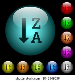 Alphabetically descending ordered list icons in color illuminated spherical glass buttons on black background. Can be used to black or dark templates