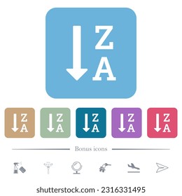 Descendiendo alfabéticamente ordenados enumeran iconos planos blancos en los fondos cuadrados redondeados de color. 6 iconos de bonificación incluidos