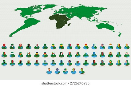 Mapas africanos ordenados alfabéticamente, diseño redondo isométrico con banderas. Mapas isométricos redondos.