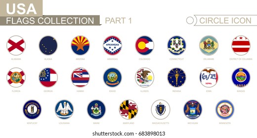 Alphabetically sorted circle flags of US States. From Alabama to Minnesota. Set of round flags. Vector Illustration.