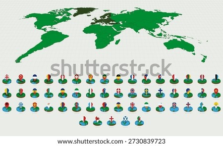 Alphabetically Sorted European Maps, Isometric Round Design with Flags. Round Isometric Maps.