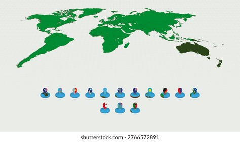 Alphabetically Sorted Oceanian Maps, Isometric Round Design with Flags. Round Isometric Maps.