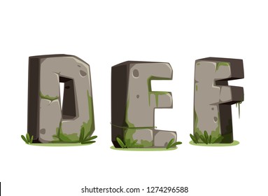 Alphabets D, E & F made of stone in 3D look for jungle theme vector image part 2