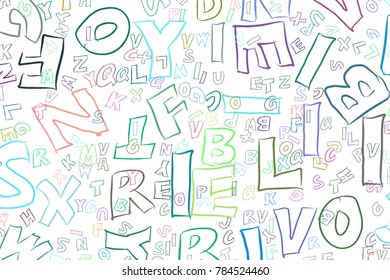 Alphabets letters abstract colorful background, texture or backdrop. Cartoon style vector.