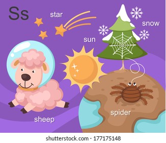 Alphabet.S letter.star,sun,sheep,spider,snow