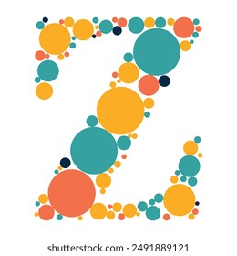 Alphabets are made of colored dots and filled with circles, small letters, and vectors.