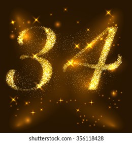 Alfabetos Número 3 y 4 de estrellas brillantes de oro. Vector de ilustración