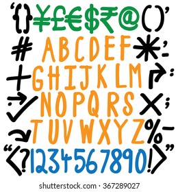 alphabets, numbers and special characters - hand written vector icons set. These letters, numerals, arrows, brackets, currencies, marks are written using a thick brush and on a white background