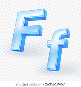 Alphabets uppercase and lowercase F made of transparent glass material isolated on white background. 3D vector illustration.