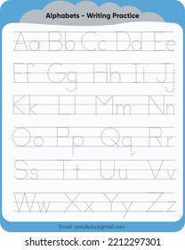 prueba de práctica de escritura de alfabetos, Traza letras del alfabeto inglés. Práctica de escritura a mano para niños en edad preescolar, hoja de cálculo de seguimiento de letras de alfabeto con todas las letras del alfabeto. Práctica de escritura básica para niños