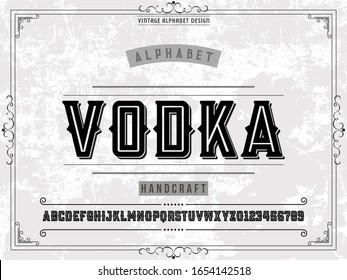 Alphabet.Typeface.Font.Script.Shadow Effect.Handcrafted handwritten vector label design old style.vintage Hand Drawn.Retro Typography.Vector Illustration. named vodka