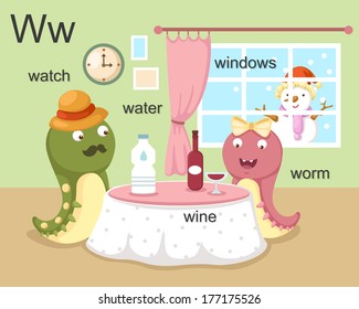 Alphabet.W letter.watch,water,wine,worm,windows.