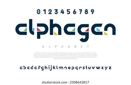 Alphagen criativo moderno geométrico urbano alfabeto fonte. Abstrato digital futurista, jogo, techno, robô, música, logotipo, esporte, tipografia de tecnologia mínima. Ilustração de vetor numérico simples