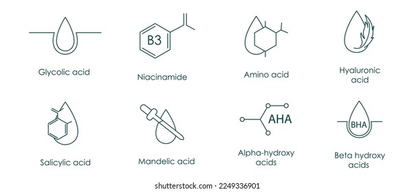 Alpha-hydroxy acids (AHA),
Beta hydroxy acids (salicylic acid), Hydroquinone,
Kojic acid,
Retinol,
L-ascorbic acid (vitamin C),
Hyaluronic acid,
Niacinamide (vitamin B3)