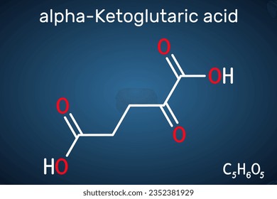 Alpha-ketoglutaric acid, 2-oxoglutaric acid, oxoglutarate, alpha ketoglutarate  molecule. It is intermediate metabolite in Krebs cycle. Structural formula, dark blue background. Vector illustration