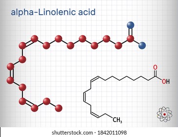 Alpha-linolenic acid, ALA molecule. Carboxylic, polyunsaturated omega-3 fatty acid. Component of many common vegetable oils. Sheet of paper in a cage. Vector illustration