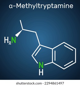 α-Methyltryptamin, αΜλ, AMT, Molekül. Es ist psychedelisch, stimulierend, antidepressiv und entactogen Wirkstoff. Strukturelle chemische Formel auf dunkelblauem Hintergrund. Vektorgrafik