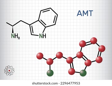 α-Methyltryptamin, αΜλ, AMT, Molekül. Es ist psychedelisch, stimulierend, antidepressiv, entactogen-Mittel. Strukturchemische Formel und Molekül-Modell. Blatt Papier im Käfig. Vektorgrafik