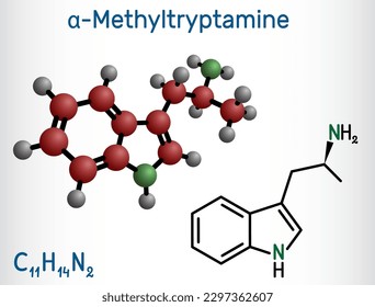 α-Methyltryptamin, αΜλ, AMT, Molekül. Es ist psychedelisch, stimulierend, antidepressiv und entactogen Wirkstoff. Strukturchemische Formel und Molekül-Modell. Vektorgrafik
