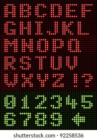 Alphanumeric LED Display On Black, alphabet letters in red and numbers, digits in green LED lights on a black display, illustration, EPS8.