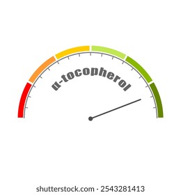 nível de alfa-tocoferol na escala de medida. Escala do instrumento com seta. Vitamina E aditivo alimentar E307, suplemento dietético.