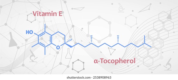 alfa-tocoferol, fórmula química da vitamina E e estrutura esquelética. Um tipo de vitamina E preferencialmente absorvida e acumulada em humanos. Aditivo alimentar E307, suplemento dietético