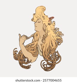 Alphonse Mucha's Job, isolated vector element. Alphonse Mucha art nouveau woman lady illustration. Vintage art nouveau style drawing illustration, old painting art print.