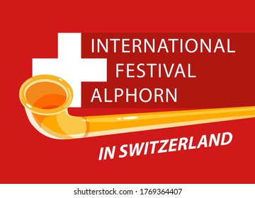 Alphorn international festival in Switzerland, Vector invitation banner template for web site with title and neutral red background.