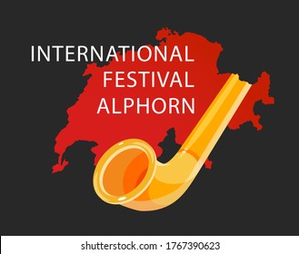 Alphorn international music Festival in Switzerland - Vector Banner with Swiss map, Alpenhorn and Caption of invitation placard on black background.