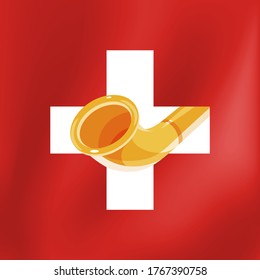 Alphorn on swiss flag, Vector illustration of Alpine Traditional musical wooden instrument on logo or banner for Folklore Festival. Style label with Alpenhorn for Concert or Culture Event.