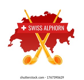 Alphorn seal badge for placard to Swiss Alpenhorn Festival in Switzerland or Website of Ethnic Swiss Folklore Music.