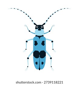 alpine barbel beetle isolated on white background, exotic beetle with long antennae and legs, flat vector illustration of rosalia alpina insect