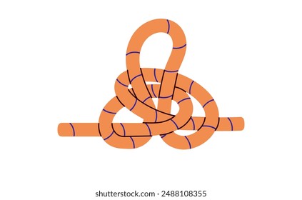 Alpine butterfly knot tutorial for belaying, climbing, hiking. Technique of node, bond of rope closeup. Marine tie, cord bundle. Braided string. Flat isolated vector illustration on white background