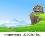 Alpine chalet house in the  mountains. Ski resort banner background. Hotel