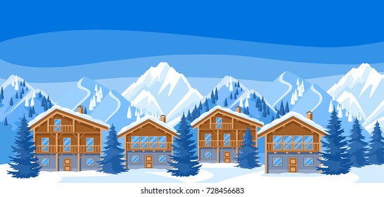 Alpine chalet houses. Winter resort illustration. Beautiful landscape with snowy mountains and fir forest.