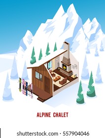 Alpine chalet with stand for skis classic fireplace and comfortable furniture in winter mountains isometric vector illustration