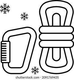 Alpine Climbing Equipment Vector Line Icon Design, Winter Season Activities Symbol, Coldest Weather Sign, Snow And Frost Stock Illustration, Carabiner And Rope Bundle Concept,