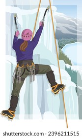 alpine climbing female climber scaling ice using ice axes and wearing crampons overlooking mountains and trees in the background