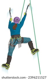 alpine climbing female climber scaling ice using ice axes and wearing crampons isolated on a white background