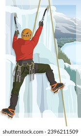 alpine climbing male climber scaling ice using ice axes and wearing crampons overlooking mountains and trees in the background