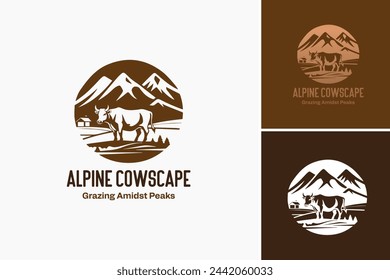 Alpine cow logo featuring mountain scenery and a cow. Ideal for dairy farms, alpine themed businesses, and outdoor brands.