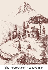 Alpine farm hand drawing. Mountains in the background and a river surrounding the property