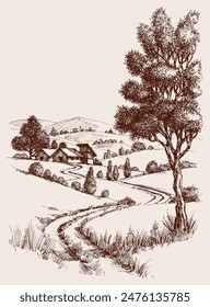 Alpine farm landscape vector hand drawing